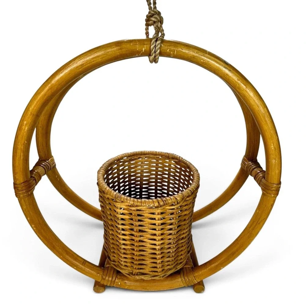 VTG Bent Bamboo Rattan Wood Hanging Basket Hoop Planter MCM/Boho 14